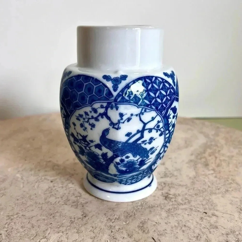 Vintage Japanese‎ Candle Stick Holder White Blue Peacock Pattern Home Decor